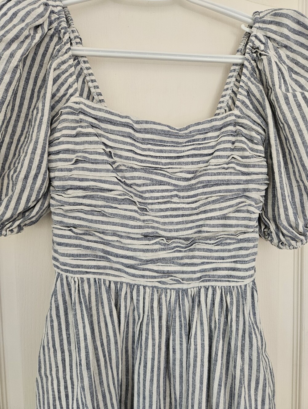 Abercrombie & Fitch Blue Stripe Puff Sleeve Midi Dress Cottagecore Smocked XS - Picture 4 of 10